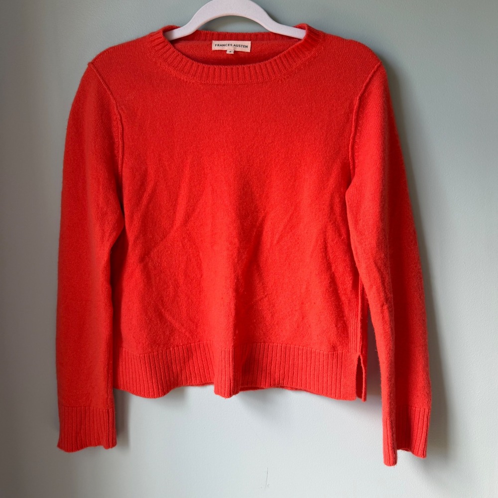 Frances Austen Red Orange 100% Cashmere Classic Crew Neck Sweater Slit Hem Small